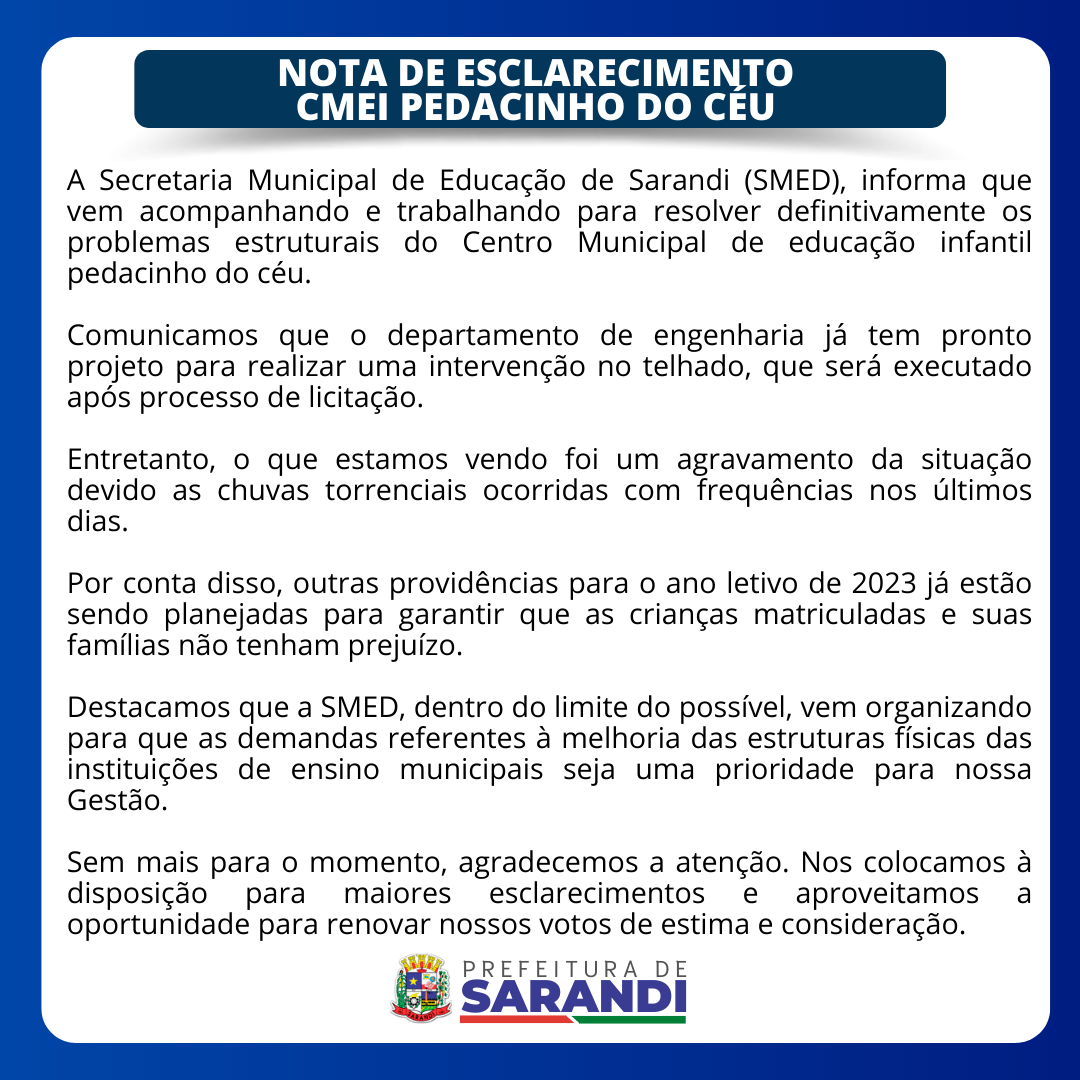 Nota de Esclarecimento - CMEI Pedacinho do Céu ?